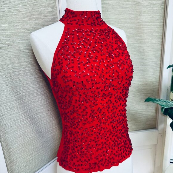 Vintage 90s Sleeveless Sequined Beaded Red Tank Sweater Dressy Xmas Sweater - Picture 3 of 7